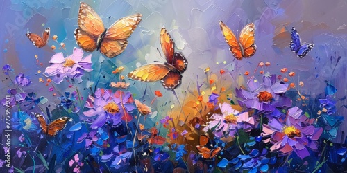 Delicate oil painting of wildflowers and orange butterflies, oil paint
