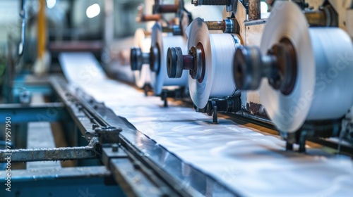 Spools of material on a conveyor belt in an industrial manufacturing setting  suggesting mass production or textile processing.