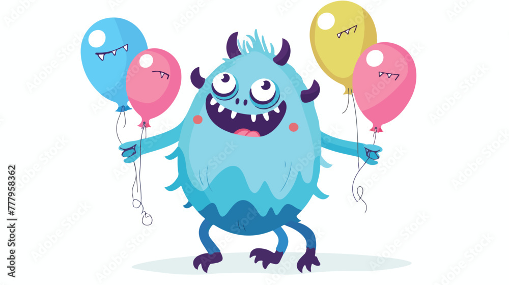Funny happy monster with balloon flat isolated