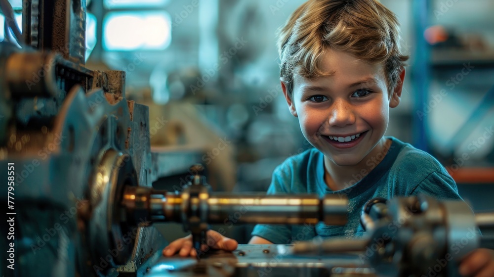 A smiling young boy in a workshop handling a lathe machine with industrial equipment in the background. A smiling young boy in a workshop handling a lathe machine with industrial equipment in the background.
