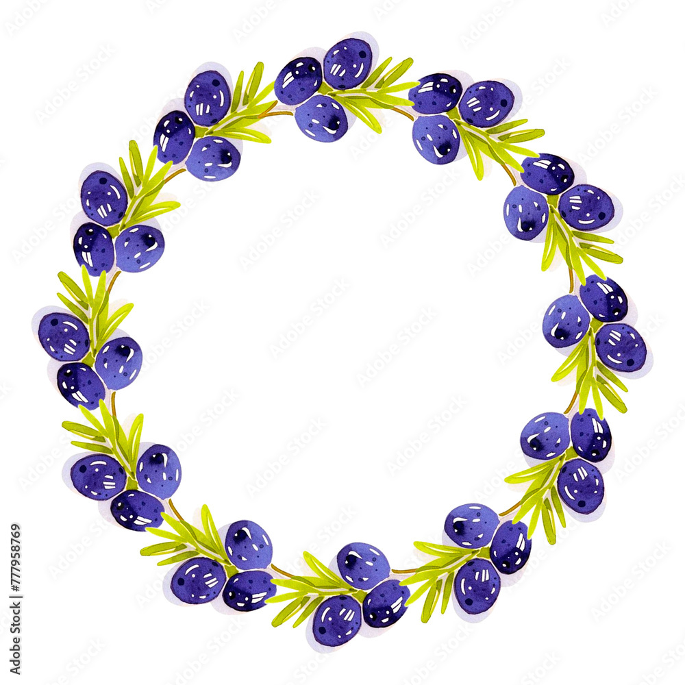 Watercolor olive branch wreath. Hand drawn PNG.