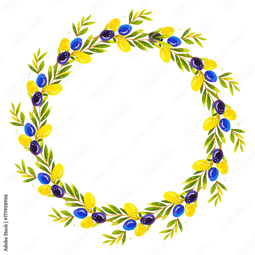 Watercolor olive branch wreath. Hand drawn PNG.