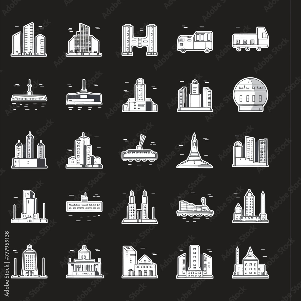 A digital drawing icons set of urban life and city landscapes. AI generative. A digital drawing icons set of urban life and city landscapes. AI generative.