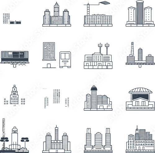 A digital drawing icons set of urban life and city landscapes. AI generative.