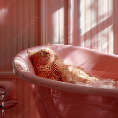 Sleeping cat in spa, Relaxation in the pink bathroom interior photo