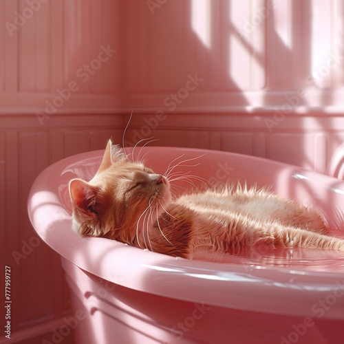 Sleeping cat in spa, Relaxation in the pink bathroom interior photo