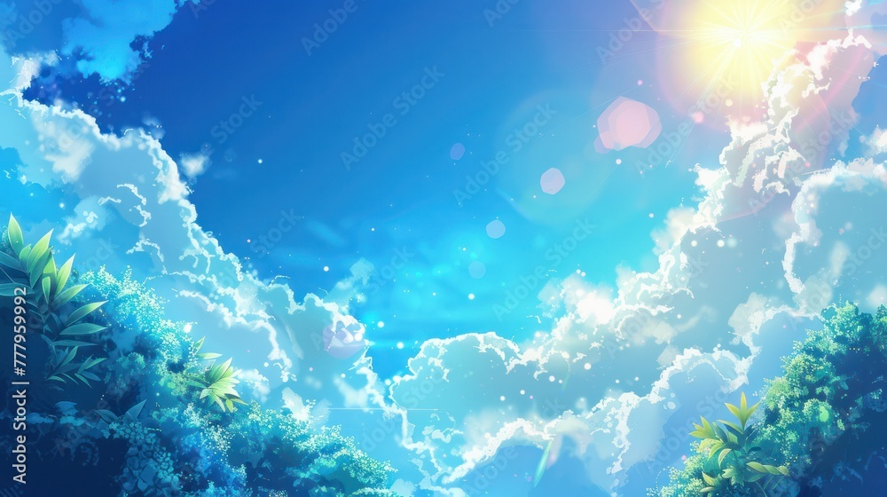 Obraz premium hot sparkle sun on blue cloudy sky background