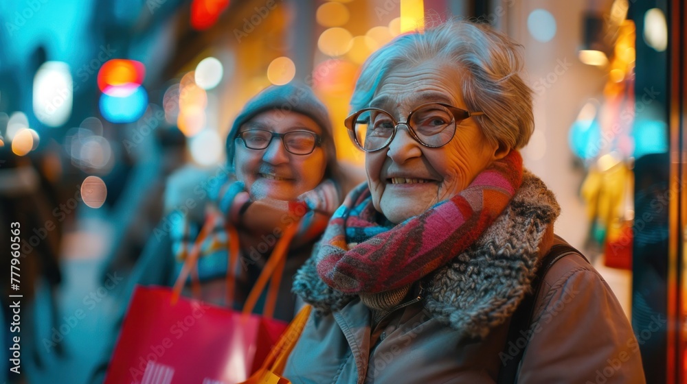 Elderly woman with glasses and a young woman smiling on a city street at dusk, both wearing scarves, with shopping bags. Elderly woman with glasses and a young woman smiling on a city street at dusk, both wearing scarves, with shopping bags.