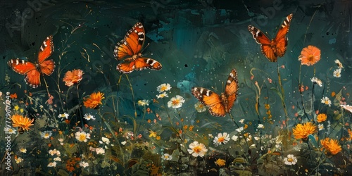 Exquisite green tones of wildflowers and orange butterflies in oil painting, oil paint