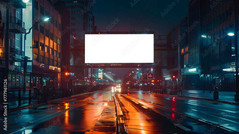 Blank black horizontal billboard on skyline on white and transparent background at evening, front view. Mock up, advertising concept