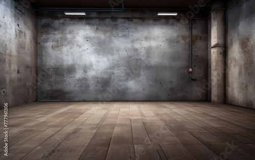 An empty room with a wooden floor and a concrete wall. Can be used to showcase or montage your products. © Much