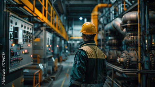 Worker in a yellow hard hat overseeing operations in an industrial facility with complex machinery and control panels.
