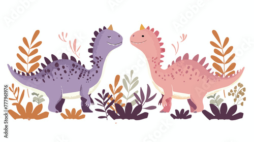 Lovely Dino couple walking together on white background