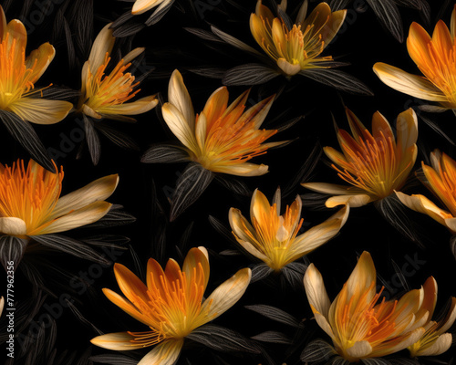 Seamless realistic colchicum flowers pattern, Spring wallpaper design. Generative ai photo