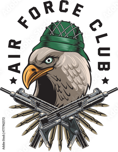 Vector Illustration of Eagle Wearing Soldier Helmet with Scorpion Gun and Ammo with Vintage Illustration Available for Logo Badge