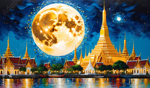 Acrylic painting  Golden spires rise majestically against the clear blue sky of sparkling impasto oil pain color thai bangkok city with super moon spilling paints of various colors photo