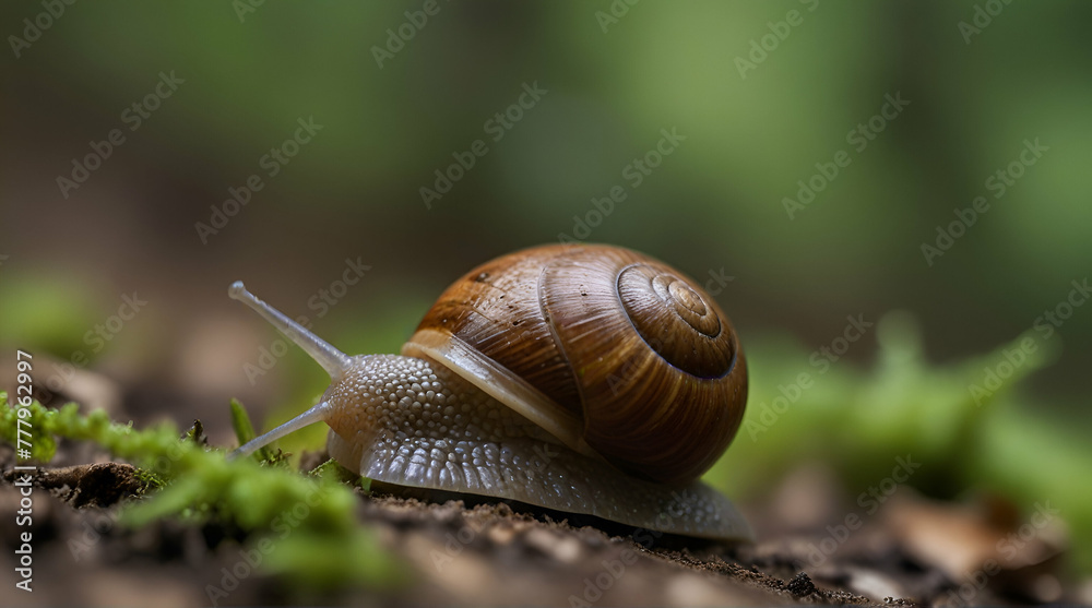 Macro close-up snail in forest on blurred defocused background.generative.ai