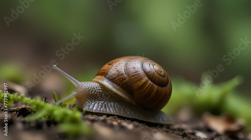Macro close-up snail in forest on blurred defocused background.generative.ai
