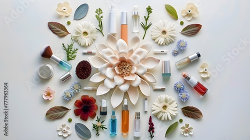 Assortment of Organic Flowers,Leaves,and Natural Cosmetic Products for Spa and Wellness Treatments