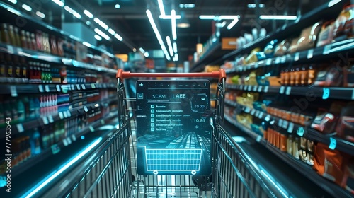 Automated Shopping Experience in Modern Grocery Store Aisle with Illuminated Shelves and Futuristic Basket