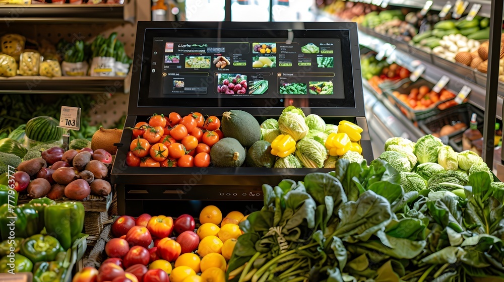 Vibrant Produce Display in Supermarket Grocery Aisle with Variety of Fresh Fruits and Vegetables for Healthy Shopping