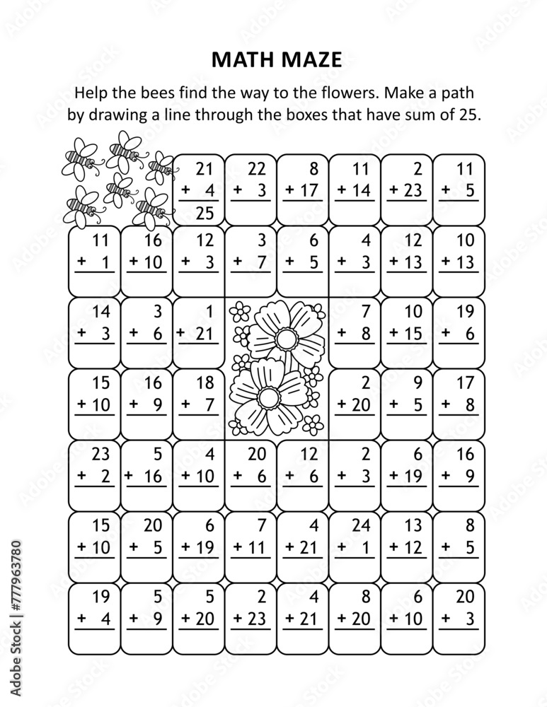 Math maze. Make a path by drawing a line through the boxes that have sum of 25.
Math maze. Make a path by drawing a line through the boxes that have sum of 25.