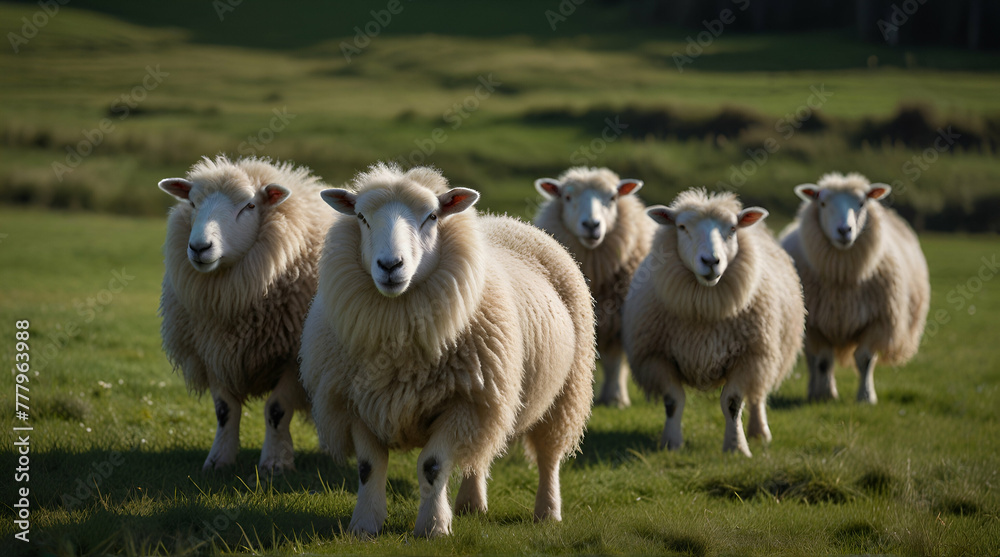 Flock of white wooly sheep on green pasture. Heritage breed sheep together in a grasy field. Healthy flock with big wool coats. Idyllic pastoral scene.generative.ai Flock of white wooly sheep on green pasture. Heritage breed sheep together in a grasy field. Healthy flock with big wool coats. Idyllic pastoral scene.generative.ai