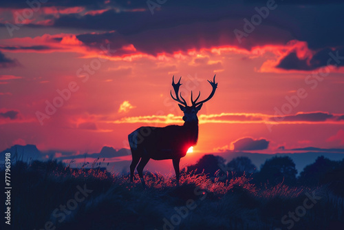 A lone deer silhouetted against a vibrant sunrise,