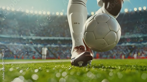 Close up of a soccer striker ready to kicks the fiery ball at the stadium
 photo