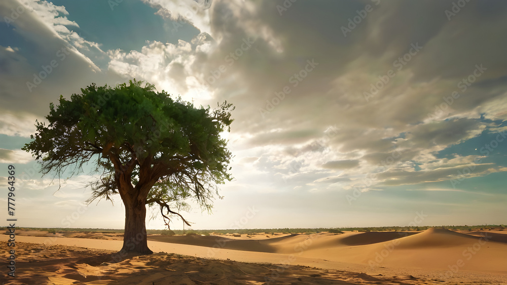 Generative KI einsamer Baum in Wüste mit Dünen