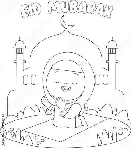 Vector Happy Eid Mubarak Coloring Page For Kids Activity (ID: 777964396)