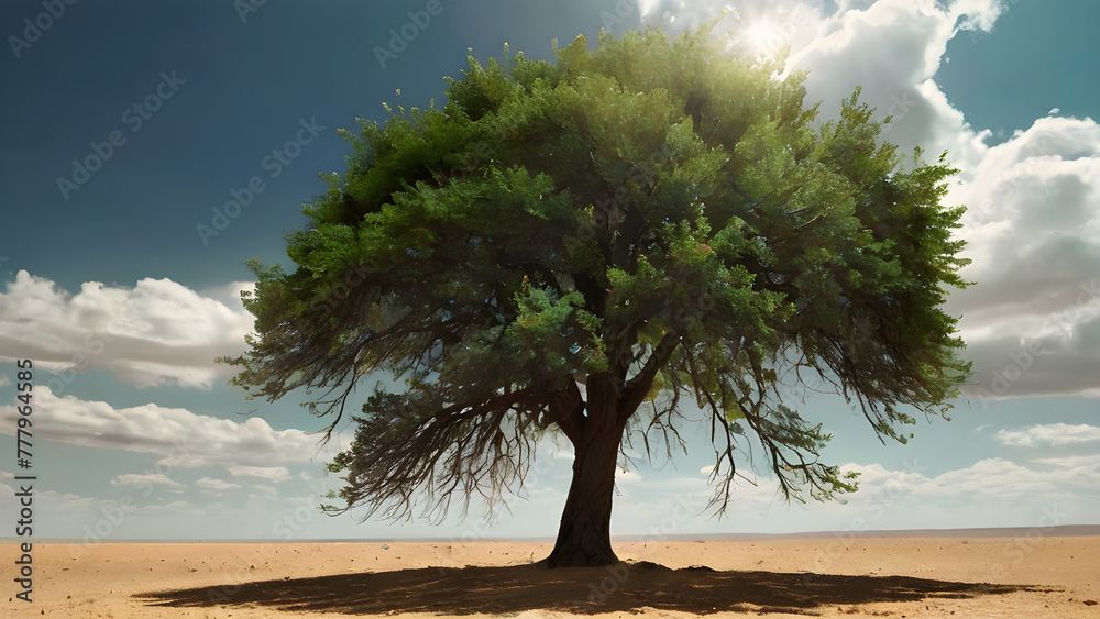 Generative KI einsamer Baum in Wüste mit Dünen Generative KI einsamer Baum in Wüste mit Dünen