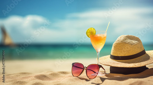 Colorful summer, Straw hat with a exotic cocktail and sunglasses on sand beach, text space