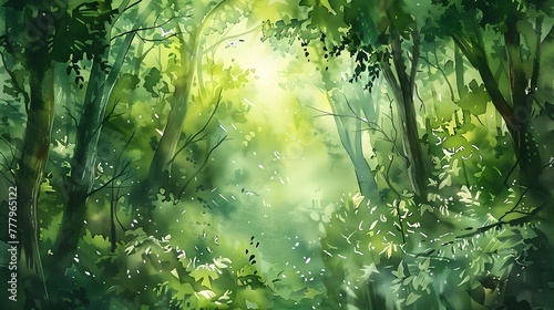 Lush Green Forest with Ethereal Sunlight Filtering Through the Verdant Canopy