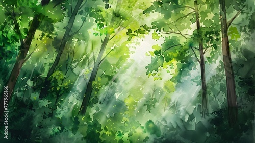 Lush Green Forest with Warm Sunlight Filtering Through the Canopy,Symbolizing the Tranquility and Vitality of Untouched Nature © pkproject
