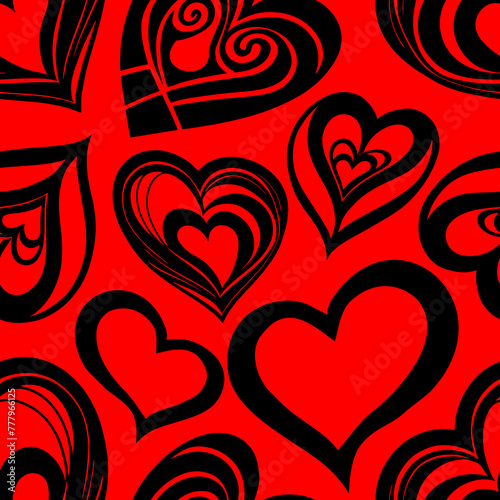 seamless graphic pattern of black hearts on a red background  texture  design