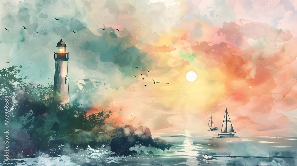Ethereal Watercolor Coastal Landscape with Lighthouse,Sailboats,and Soaring Seagulls at Sunset