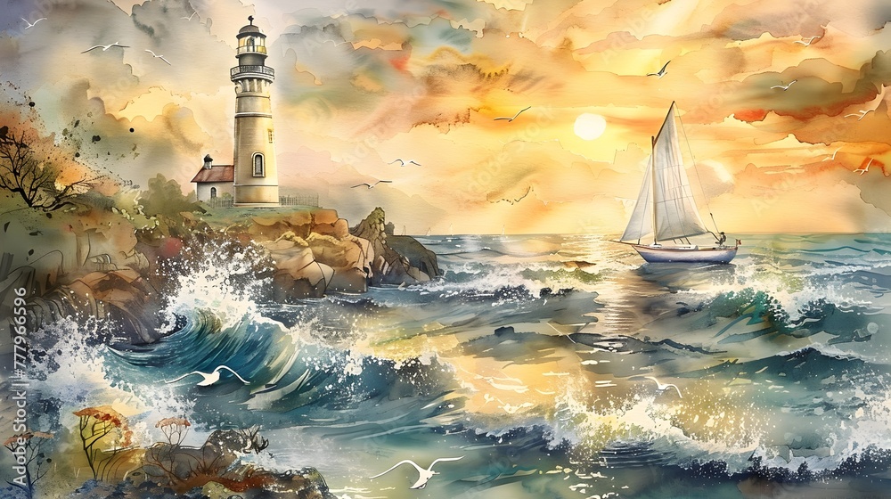 Dramatic Watercolor Seascape with Lighthouse,Sailboats,and Vibrant Sunset Sky over Choppy Ocean Waves