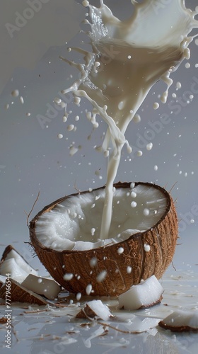 Fresh coconut milk being poured into a halved coconut, splashing droplets create a dynamic and invigorating scene.