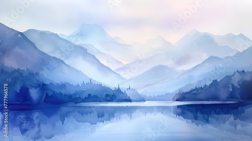 Misty Mountains and Serene Lake in Ethereal Watercolor Landscape © pkproject