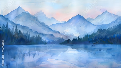 Serene Watercolor Landscape of Misty Mountains and Tranquil Lake at Dawn