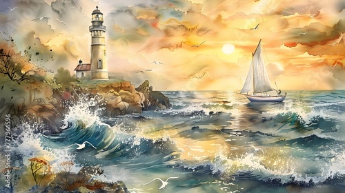Dramatic Watercolor Seascape with Lighthouse,Sailboats,and Vibrant Sunset Sky over Choppy Ocean Waves