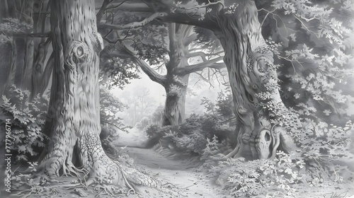 Detailed Pencil Sketch of Towering Ancient Trees Lining a Hidden Forest Path
