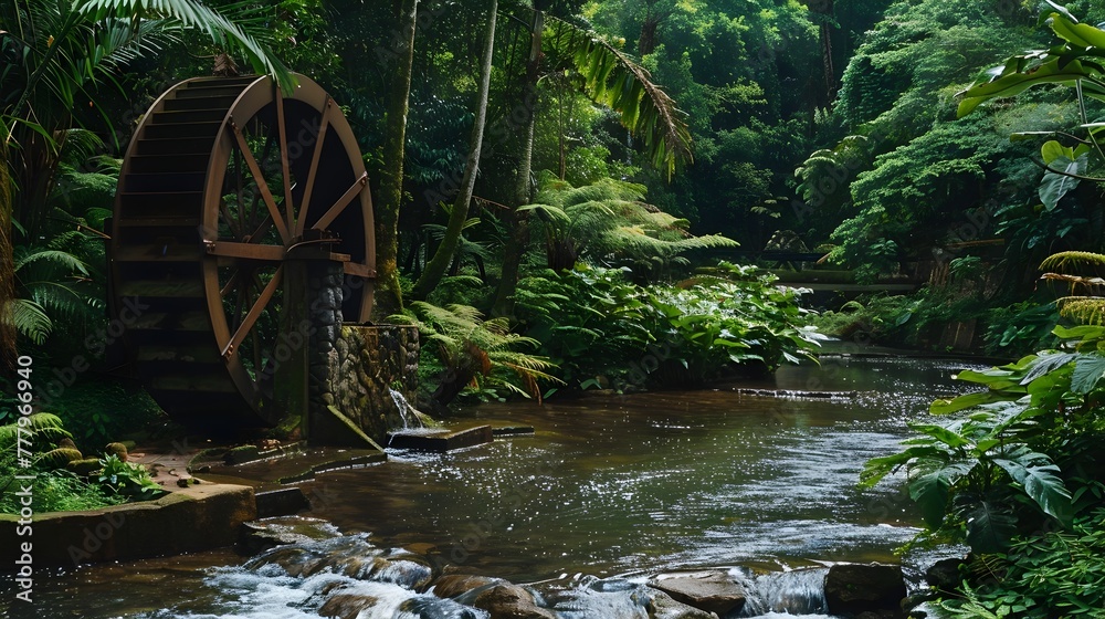 Serene Waterwheel Turning Slowly in Lush Forest Stream,Symbolizing Renewable Energy and Tranquility Serene Waterwheel Turning Slowly in Lush Forest Stream,Symbolizing Renewable Energy and Tranquility