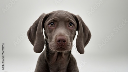 Primer plano de perro de raza braco de weimar, atento, sobre fondo blanco photo