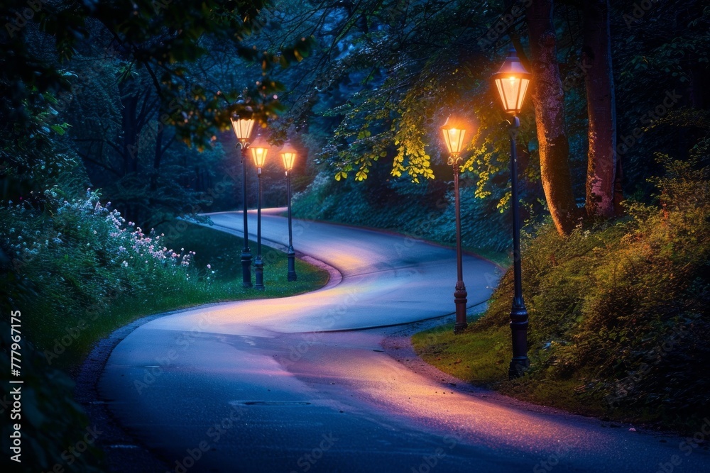 A dark street through the forest at night with lamps shining.