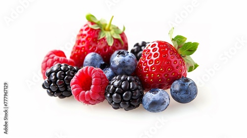 Fresh berries isolated on white background, berries mix, raspberry, blueberries, blackberries isolated on white background, close up.