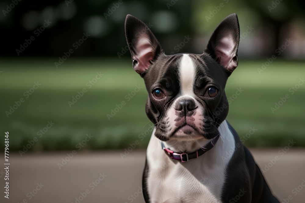 a beautiful picture of Boston Terrier Dog | a staring dog | a dog sitting on road | portrait of a dog