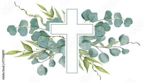 Christian cross with green leaves. Watercolor illustration for Easter, Baptism, Christening, invitations, cards, packaging.