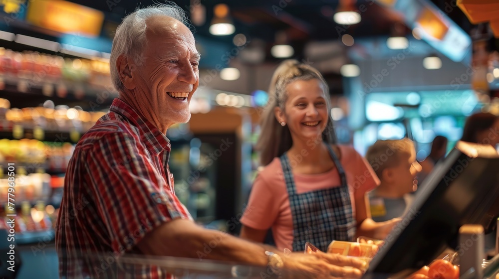 Elderly man with a bright smile at a grocery store checkout, interacting with a cheerful young female cashier.